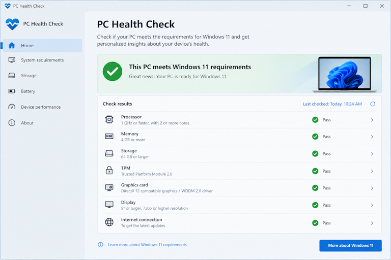 The PC Health Check application window showing the result panel after a completed check, with the pass or fail verdict and the list of requirement lines displayed
